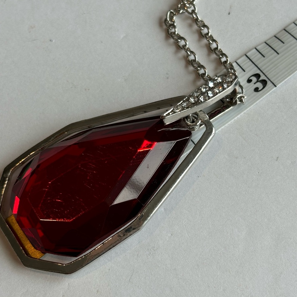 Large red pendant necklace/ silver tone chain/ measures 36 in length - Picture 10 of 14
